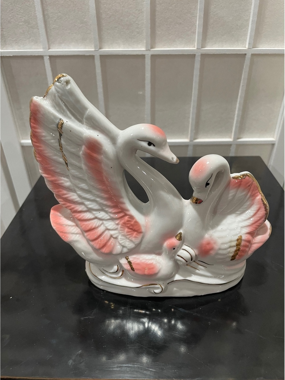 Vintage Porcelain Swan Family Figurine with Pink and Gold Accents